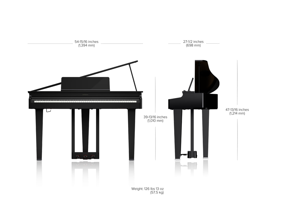 The image shows a digital grand piano in sleek black with classic curved body and traditional grand piano legs. Key dimensions include length 54.9 in (1,394 mm), width 27.5 in (698 mm), height 47.8 in (1,214 mm), depth 39.8 in (1,010 mm), and weight 126 lbs 13 oz (57.5 kg). Features include a lifted lid, visible keyboard with pedals, blending elegant grand style with modern digital design.