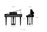 The image shows a digital grand piano in sleek black with classic curved body and traditional grand piano legs. Key dimensions include length 54.9 in (1,394 mm), width 27.5 in (698 mm), height 47.8 in (1,214 mm), depth 39.8 in (1,010 mm), and weight 126 lbs 13 oz (57.5 kg). Features include a lifted lid, visible keyboard with pedals, blending elegant grand style with modern digital design.