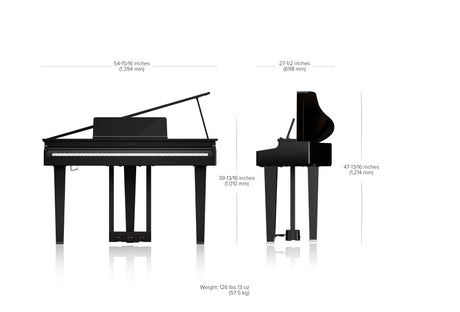 The image shows a digital grand piano in sleek black with classic curved body and traditional grand piano legs. Key dimensions include length 54.9 in (1,394 mm), width 27.5 in (698 mm), height 47.8 in (1,214 mm), depth 39.8 in (1,010 mm), and weight 126 lbs 13 oz (57.5 kg). Features include a lifted lid, visible keyboard with pedals, blending elegant grand style with modern digital design.