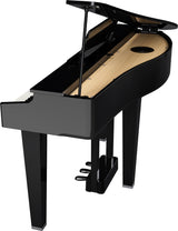 The image shows a baby grand piano with a black polished finish and its lid open, revealing the light wooden soundboard. It features the curved body shape, three legs, pedals at the base, and a fallboard covering the keys. This high-quality acoustic piano is suited for home use or small venues, commonly favored by serious pianists for its elegant design and rich sound projection.