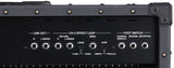 The image shows the rear panel of a guitar amplifier featuring a Line Out section with R and L/Mono jacks, a CH-2 Effect Loop with Return, Send, Level, and Loop controls, plus Foot Switch jacks for Chorus, Reverb, Distortion, and Vibrato. It includes a Level control (+4dBu to -20dBu) and a Series/Parallel Loop switch, designed for versatile signal routing and hands-free live performance.