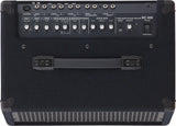 The image shows a Roland KC-400 Stereo Mixing Keyboard Amplifier, designed for electronic keyboards and digital pianos. It features multiple input channels with individual volume controls, mic/line and stereo inputs, auxiliary input, headphone output, 3-band EQ, master volume, power switch, and various output jacks. The portable design includes a handle and protective corners, making it ideal for live performance, practice, or recording.