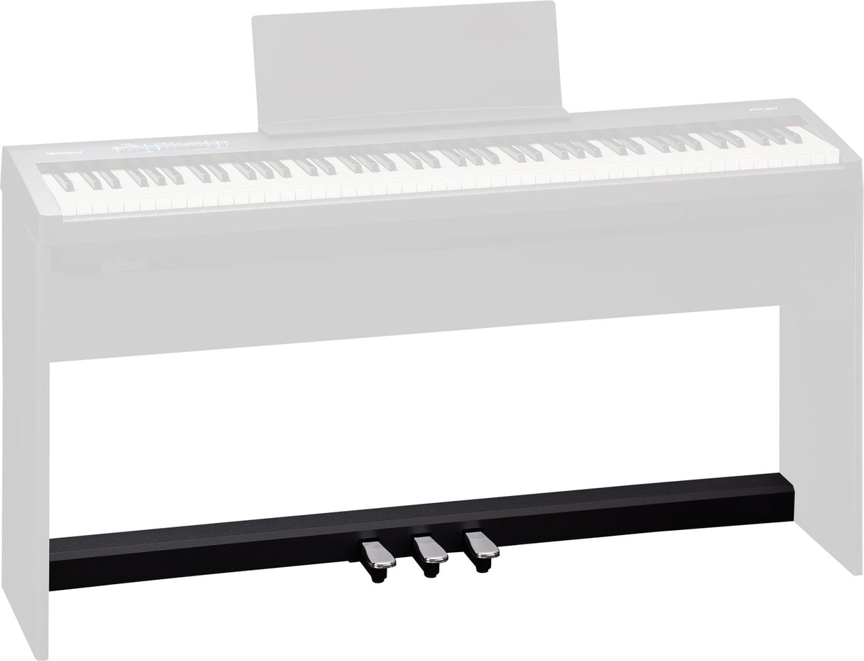 The image shows a full-size digital piano with 88 keys, featuring a traditional white and black key layout. It is mounted on a stand with a three-pedal system and includes a music stand above the keys. The instrument has a modern design, resembling an acoustic piano, and is suited for home, studio, or educational use.