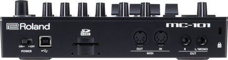 The image shows a Roland MC-101 Groovebox, a compact electronic music production device. The top panel features rotary knobs and buttons for sound and sequence control. The back panel includes MIDI IN/OUT ports, a USB port, audio outputs, an SD card slot, and a power switch. Designed for beat making and live performance, it enables creating tracks with built-in sounds and sequencing in a portable format.
