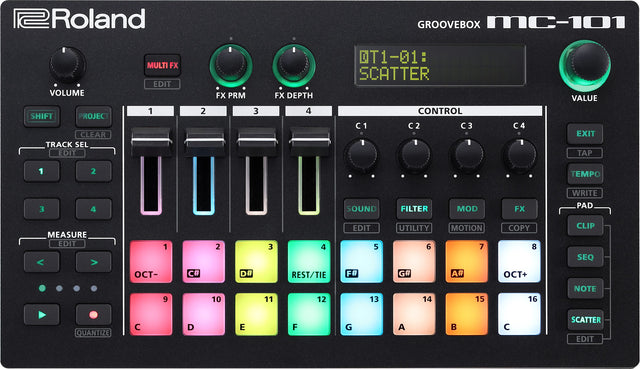 The image shows a Roland MC-101 Groovebox, a compact electronic music device combining a drum machine, sampler, and synthesizer. It features 16 velocity-sensitive RGB pads, 4 channel faders, multiple control knobs, a digital display, transport controls, and various editing buttons. Designed for beatmaking and live performance, it offers a portable, all-in-one solution favored by electronic music producers.