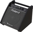 The image shows a Roland PM-100 Personal Monitor, a compact, wedge-shaped speaker designed for electronic drum kits (V-Drums). It features multiple input jacks, volume and EQ controls, a power switch, a protective mesh grille, and a carrying handle. Its angled design projects sound upward, providing electronic drummers with clear personal amplification for practice, rehearsal, or performance.