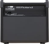 The image shows the back panel of a Roland musical instrument or amplifier with the "Roland" logo prominently displayed. It features a sturdy design with a carrying handle and corner protectors. A specification label with technical info, safety warnings, and regulatory markings, including a CE mark, is visible. The panel includes a power inlet (marked "A"). This likely belongs to a professional keyboard or guitar amplifier from Roland’s product line.
