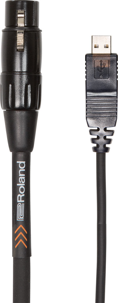The image shows a Roland audio cable with a black 3-pin XLR connector on one end and a USB connector on the other. The black cable features visible "Roland" branding and orange accent arrows on the sleeve. This cable connects professional audio gear with XLR outputs to computers or digital devices via USB, commonly used by musicians and audio engineers to link analog and digital equipment.