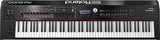 The image shows a Roland RD-2000 stage piano with a full 88-key weighted keyboard, a large display reading "Stage Grand," multiple red-rimmed rotary knobs, faders, buttons, LED indicators, and a data dial. It features a professional black finish and is designed for live performance and studio use, combining acoustic piano feel with advanced digital controls for professional musicians.