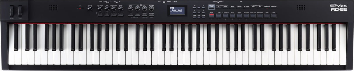 The image shows a Roland RD-88 digital stage piano with an 88-key weighted keyboard, control panel with knobs and buttons, and a small LCD screen. It has a sleek black design for professional live or studio use and features clear Roland branding. This versatile instrument is suited for musicians needing realistic piano sounds and multiple voices in a portable, full-featured keyboard.