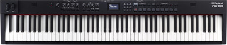 The image shows a Roland RD-88 digital stage piano with an 88-key weighted keyboard, control panel with knobs and buttons, and a small LCD screen. It has a sleek black design for professional live or studio use and features clear Roland branding. This versatile instrument is suited for musicians needing realistic piano sounds and multiple voices in a portable, full-featured keyboard.