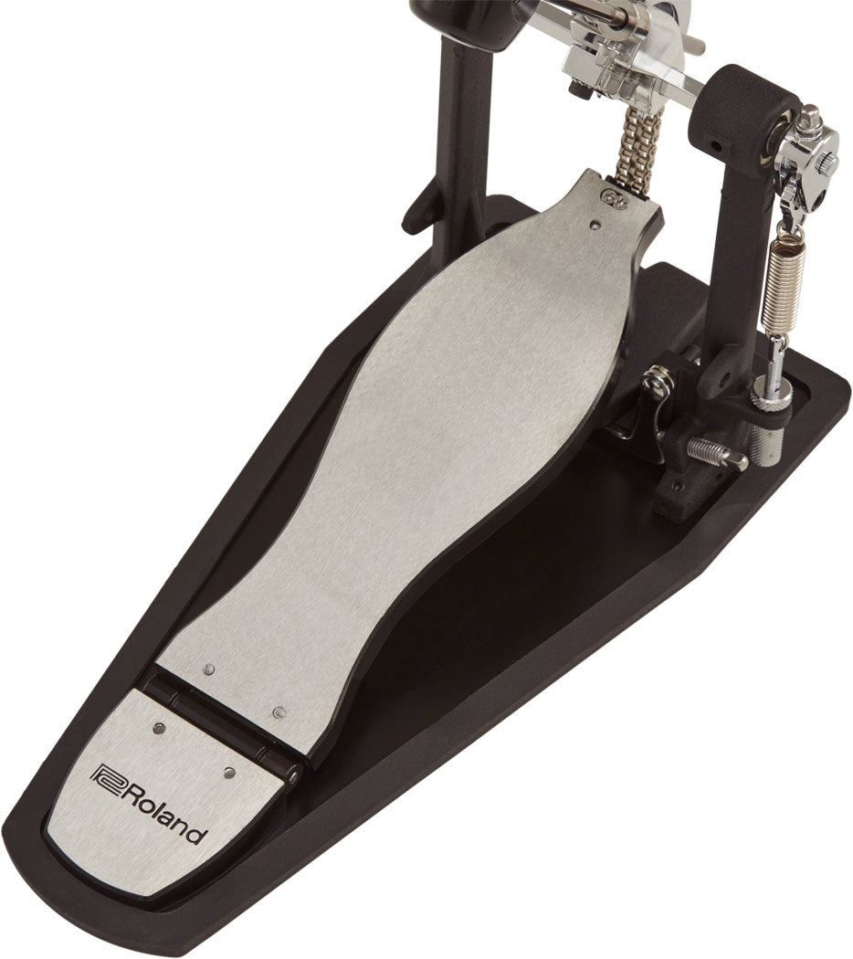 The image shows a Roland electronic kick drum pedal with a black and silver finish. It features a chain-drive mechanism, sturdy metal construction with a die-cast base, an adjustable spring tension system, and a brushed metal footplate. Designed for electronic drum kits, it triggers sounds electronically and reflects Roland’s reputation for high-quality percussion gear.
