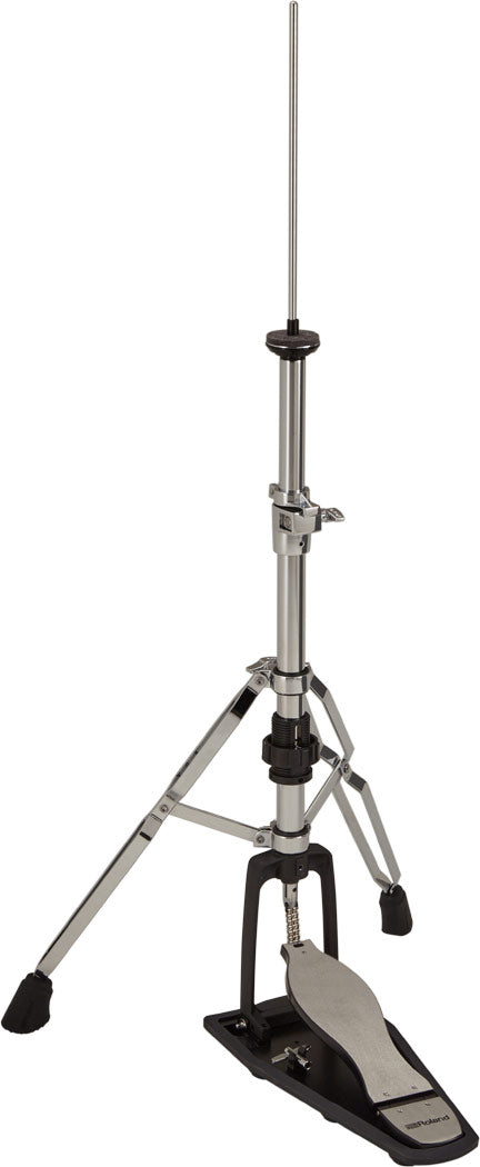 The image shows a hi-hat cymbal stand with telescoping chrome legs and rubber feet for stability. It has a height-adjustable center column, a clutch mechanism at the top to hold the cymbal, and a foot pedal to open and close the cymbals. Made of sturdy metal tubing, this mid-to-professional level stand enables drummers to control cymbal sounds by foot pressure.