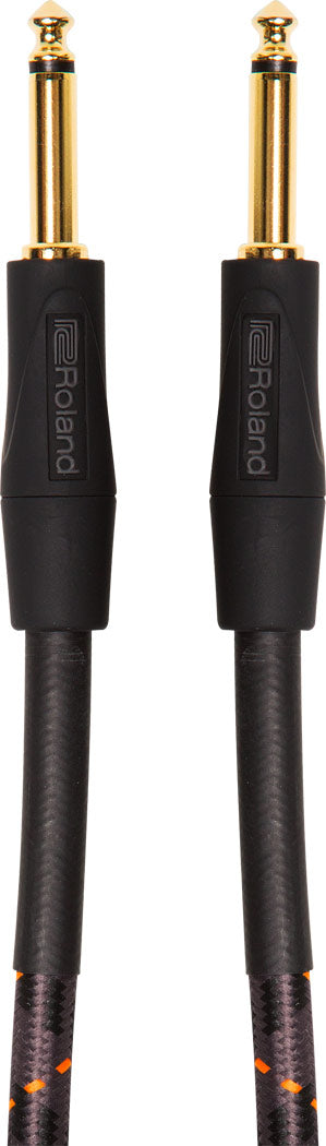 The image shows a Roland instrument cable with 1/4" TS gold-plated connectors and black branded housings. It features a durable woven outer jacket and straight plugs on both ends. Designed for connecting guitars, keyboards, and audio gear, this professional-grade cable ensures reliable signal transmission and durability, reflecting Roland’s reputation in musical equipment.