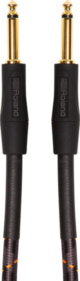 The image shows a Roland instrument cable with 1/4" TS gold-plated connectors and black branded housings. It features a durable woven outer jacket and straight plugs on both ends. Designed for connecting guitars, keyboards, and audio gear, this professional-grade cable ensures reliable signal transmission and durability, reflecting Roland’s reputation in musical equipment.