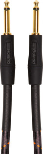 The image shows a Roland instrument cable with 1/4" TS gold-plated connectors and black branded housings. It features a durable woven outer jacket and straight plugs on both ends. Designed for connecting guitars, keyboards, and audio gear, this professional-grade cable ensures reliable signal transmission and durability, reflecting Roland’s reputation in musical equipment.