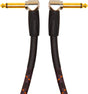 The image shows a high-quality instrument cable with gold-plated 1/4" (6.35mm) right-angle connectors on both ends. It features a black braided jacket with orange/red accents for durability and tangle resistance. The cable has Roland branding on the connector housings. Designed for guitars, basses, and keyboards, it offers reliable signal transmission and a low-profile, strain-reducing fit.