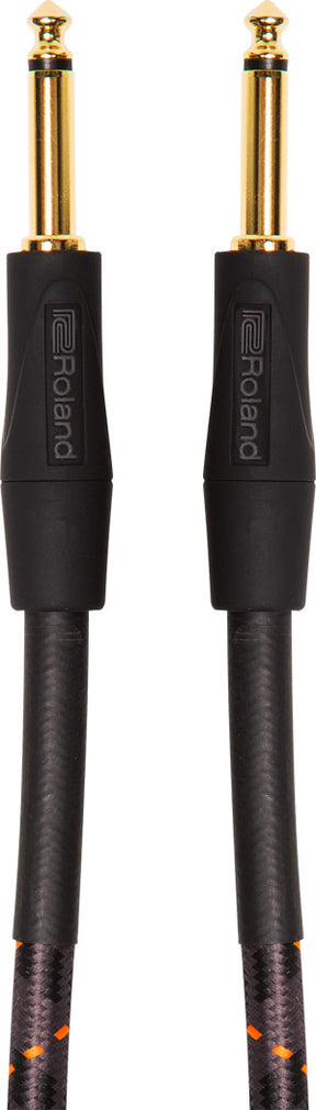 The image shows a Roland instrument cable with 1/4" TS gold-plated connectors and black branded housings. It features a durable woven outer jacket and straight plugs on both ends. Designed for connecting guitars, keyboards, and audio gear, this professional-grade cable ensures reliable signal transmission and durability, reflecting Roland’s reputation in musical equipment.