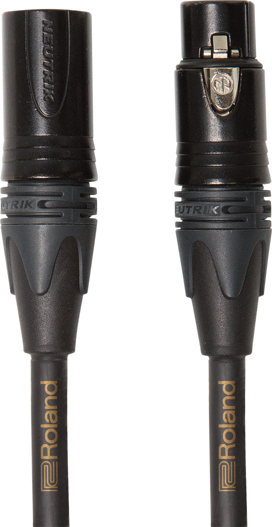 The image shows a professional Roland XLR microphone cable with black Neutrik connectors: one male (left) and one female (right) with a locking mechanism. The black cable jacket features gold Roland branding. Designed for studio and live use, this high-quality, balanced cable connects microphones to mixers, interfaces, and other audio gear, known for durability and reliable connections in professional audio setups.