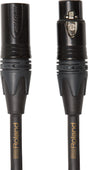 The image shows a professional Roland XLR microphone cable with black Neutrik connectors: one male (left) and one female (right) with a locking mechanism. The black cable jacket features gold Roland branding. Designed for studio and live use, this high-quality, balanced cable connects microphones to mixers, interfaces, and other audio gear, known for durability and reliable connections in professional audio setups.