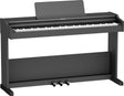 The image shows a Roland digital piano with a full 88-key keyboard, traditional black and white keys, and a dark charcoal finish. It features a built-in music stand, three foot pedals, and a sturdy upright-style cabinet. The Roland logo is visible on the front. Designed to mimic an acoustic piano, it offers weighted keys and digital features like volume control and varied sounds, ideal for home or studio use.