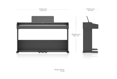The image shows a modern digital piano in a sleek dark gray or black finish, viewed from the front and side to display dimensions: 54-1/4" wide, 16-3/16" deep, 38-1/16" high, weighing 82 lbs. It has a full 88-key keyboard, three pedals, and a music stand. Designed for home use, it combines acoustic piano feel with digital features like volume control and headphone use for silent practice.