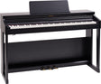 The image shows a Roland digital piano with a full 88-key keyboard and a dark wood grain console design. It features a built-in music stand, three pedals, and a control panel above the keys. This high-quality electronic piano simulates an acoustic piano’s sound and feel, making it suitable for serious musicians, students, and home use where space or volume limits acoustic pianos.