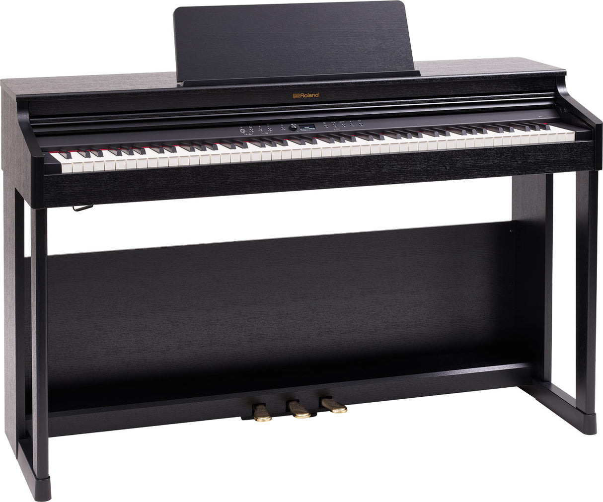 The image shows a Roland digital piano with a full 88-key keyboard and a dark wood grain console design. It features a built-in music stand, three pedals, and a control panel above the keys. This high-quality electronic piano simulates an acoustic piano’s sound and feel, making it suitable for serious musicians, students, and home use where space or volume limits acoustic pianos.