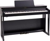 The image shows a Roland digital piano with a full 88-key keyboard and a dark wood grain console design. It features a built-in music stand, three pedals, and a control panel above the keys. This high-quality electronic piano simulates an acoustic piano’s sound and feel, making it suitable for serious musicians, students, and home use where space or volume limits acoustic pianos.