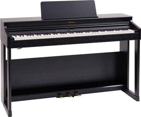 The image shows a Roland digital piano with a full 88-key keyboard and a dark wood grain console design. It features a built-in music stand, three pedals, and a control panel above the keys. This high-quality electronic piano simulates an acoustic piano’s sound and feel, making it suitable for serious musicians, students, and home use where space or volume limits acoustic pianos.