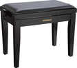 The image shows a Roland piano bench with a glossy black finish and gold logo on the front. It has a padded black seat, four sturdy wooden legs, and adjustable height knobs on the sides. The lift-up seat reveals storage space underneath. This adjustable bench provides comfort and proper posture for pianists and keyboard players.