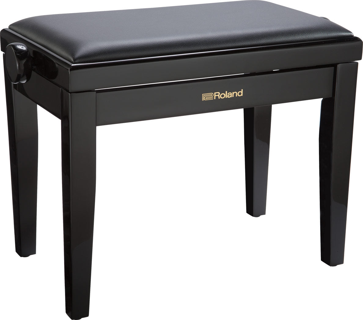 The image shows a Roland piano bench with a glossy black finish and gold logo on the front. It has a padded black seat, four sturdy wooden legs, and adjustable height knobs on the sides. The lift-up seat reveals storage space underneath. This adjustable bench provides comfort and proper posture for pianists and keyboard players.