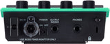 The image shows the back panel of a bright green/teal BOSS guitar effects pedal or multi-effects unit with black control knobs and a black rear panel. Visible features include a DC IN power port with on/off switch, OUTPUT (MONO) jack, PHONES jack, a USB or digital connection port, and a label instructing to use a BOSS PSA(S) adaptor only. This modern digital pedal is designed for guitar sound effects.