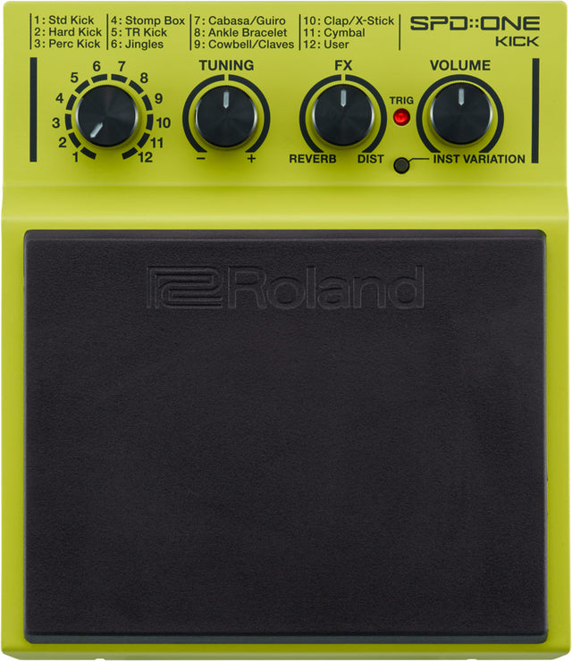 The image shows a Roland SPD::ONE KICK electronic drum pad in bright lime green. It features a selector dial with 12 kick, percussion, and effect sounds, three control knobs for tuning, effects, and volume, a red trigger button, and a toggle switch. The pad has a large black rubber surface with the Roland logo and a compact, portable design typical of the SPD::ONE series.