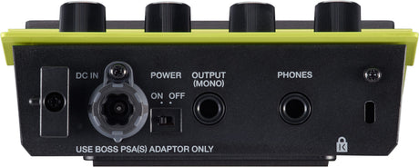The image shows the rear panel of a BOSS guitar effects pedal, featuring a DC IN power port, OUTPUT (MONO) jack, PHONES jack, and a USB port. It has four black control knobs, a power ON/OFF switch, and the signature yellow-green trim. Text reads "USE BOSS PSA(S) ADAPTOR ONLY" on the black metal casing, indicating BOSS’s proprietary power supply. This is likely a modern multi-effects unit for guitar or bass.