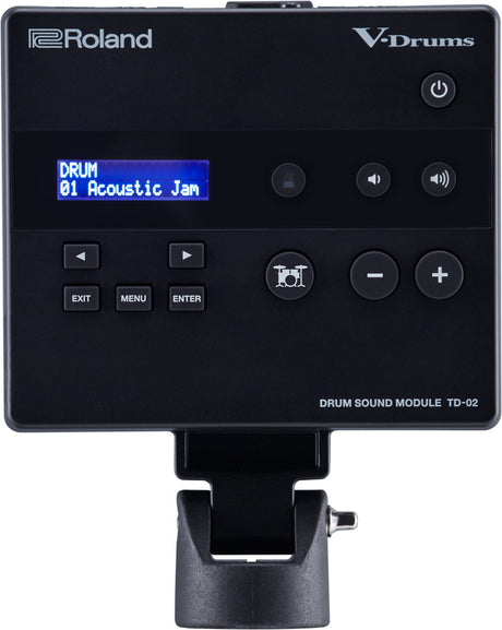 The image shows a Roland V-Drums TD-02 Drum Sound Module, a compact black electronic drum brain. It features a blue LCD displaying "DRUM 01 Acoustic Jam," navigation arrows, EXIT, MENU, ENTER buttons, power and volume controls, plus/minus adjustment buttons, a drum kit icon, and a mounting clamp. This module connects to electronic drum pads, converting triggers into drum sounds, ideal for entry-level electronic drum kits.
