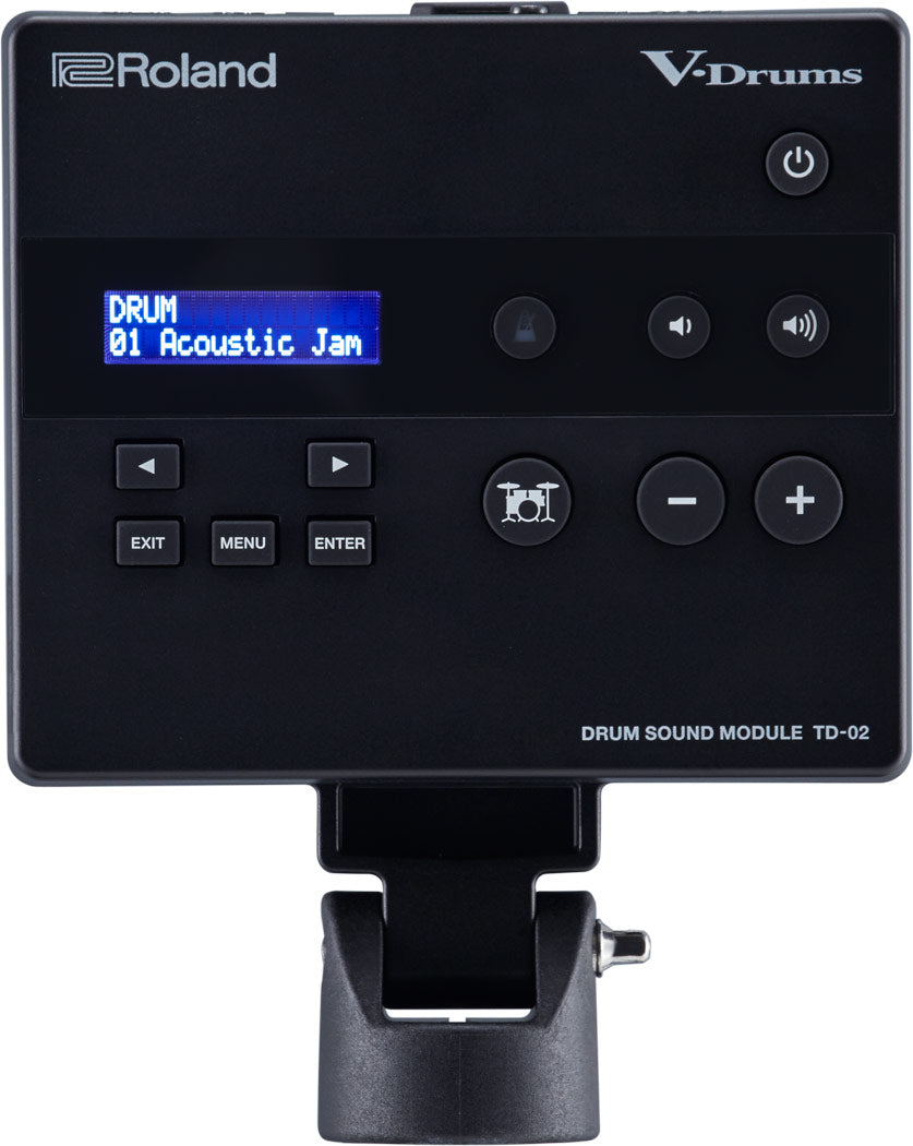 The image shows a Roland V-Drums TD-02 Drum Sound Module, a compact black electronic drum brain. It features a blue LCD displaying "DRUM 01 Acoustic Jam," navigation buttons, EXIT, MENU, ENTER, power and volume controls, plus/minus adjustment buttons, a drum kit icon button, and a mounting clamp. This module connects to electronic drum pads, converting triggers into drum sounds, ideal for beginners and casual players.