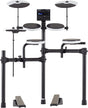 The image shows a Roland V-Drums electronic drum kit, featuring multiple rubber drum pads with white rims, two cymbal pads on adjustable stands, a central module with LCD display, and a black tubular rack. It includes two foot pedals and displays Roland branding. The compact, all-black design is ideal for home practice and recording, offering adjustable mounting, volume control, and diverse drum sounds in a space-saving setup.