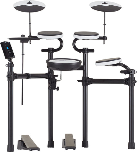 The image shows an electronic drum kit with multiple round drum pads in white and black, two larger cymbal pads at the top, a black electronic module with a display on the left, a black metal rack holding everything, and two foot pedals at the base. This compact kit allows quiet practice, recording, and a variety of sounds, ideal for home use, studios, and live settings.