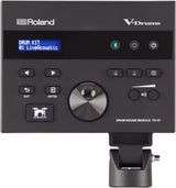 The image shows a Roland V-Drums Drum Sound Module TD-07 with a blue LCD displaying "DRUM KIT 01 LiveAcoustic." It features Roland branding, control buttons (play/pause, arrows, EXIT, ENTER), a central metal-finish dial, volume control, model label, and a mounting bracket. This module connects to electronic drum pads, offering drum sounds, backing tracks, and practice tools for drummers.