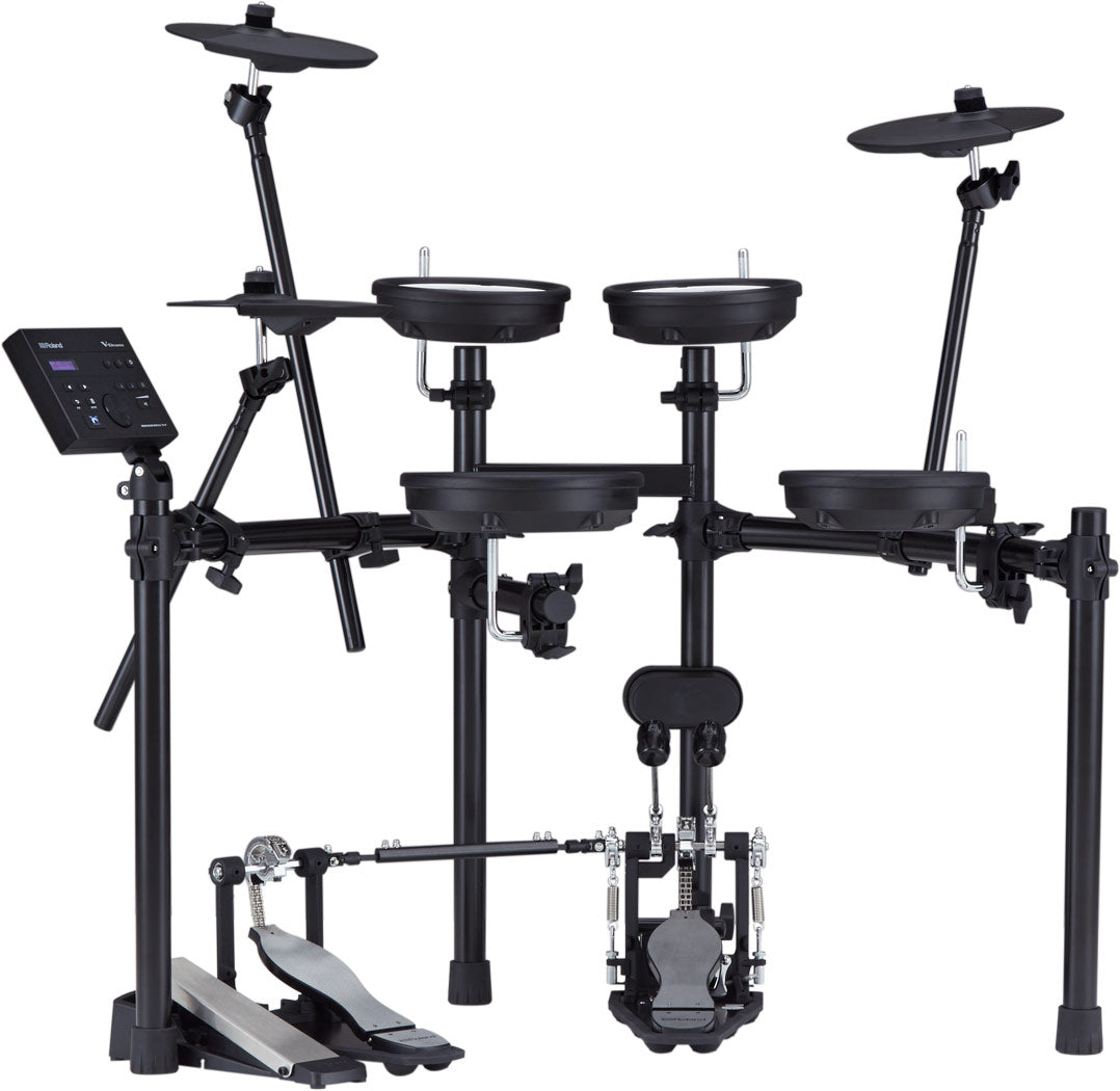 The image shows a modern all-black electronic drum kit featuring four tom pads with mesh surfaces, two cymbal pads on adjustable arms, a kick drum pad, and foot pedals. A drum module with an LCD display is mounted on the left, all supported by a sturdy metal rack. The compact design mimics acoustic drums with realistic rims and professional hardware, ideal for practice, recording, and quiet performance.