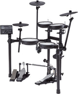 The image shows a modern electronic drum kit featuring multiple white mesh drum pads, dark cymbal pads on adjustable arms, a control module on the left, a black metal rack, and pedals for bass and hi-hat. It offers a compact design, customizable positioning, electronic sound triggering, headphone use for silent practice, and various sound options, making it ideal for space-saving practice, recording, and live performance.