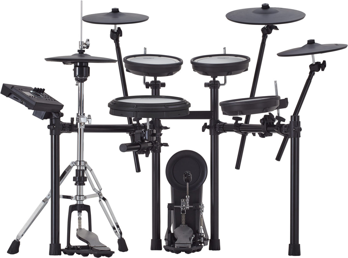 The image shows a complete electronic drum kit with multiple white drum pads, cymbal pads on adjustable arms, a hi-hat pad with controller, a kick drum pad, chrome hardware, and a black drum module on the left. The setup is mounted on a professional metal rack. This kit enables quiet practice, recording, and access to diverse sounds with realistic rubber or mesh pads.