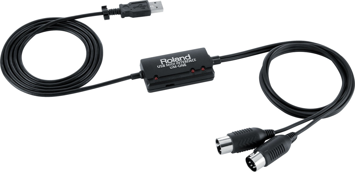 The image shows a Roland UM-ONE USB MIDI Interface cable. It has a USB connector on one end, MIDI IN and OUT 5-pin DIN connectors on the other, and a compact inline module with LED indicators. The black cable connects MIDI instruments like keyboards and synthesizers to computers for recording, playback, and controlling MIDI gear. This reliable device suits musicians integrating digital and vintage MIDI equipment.