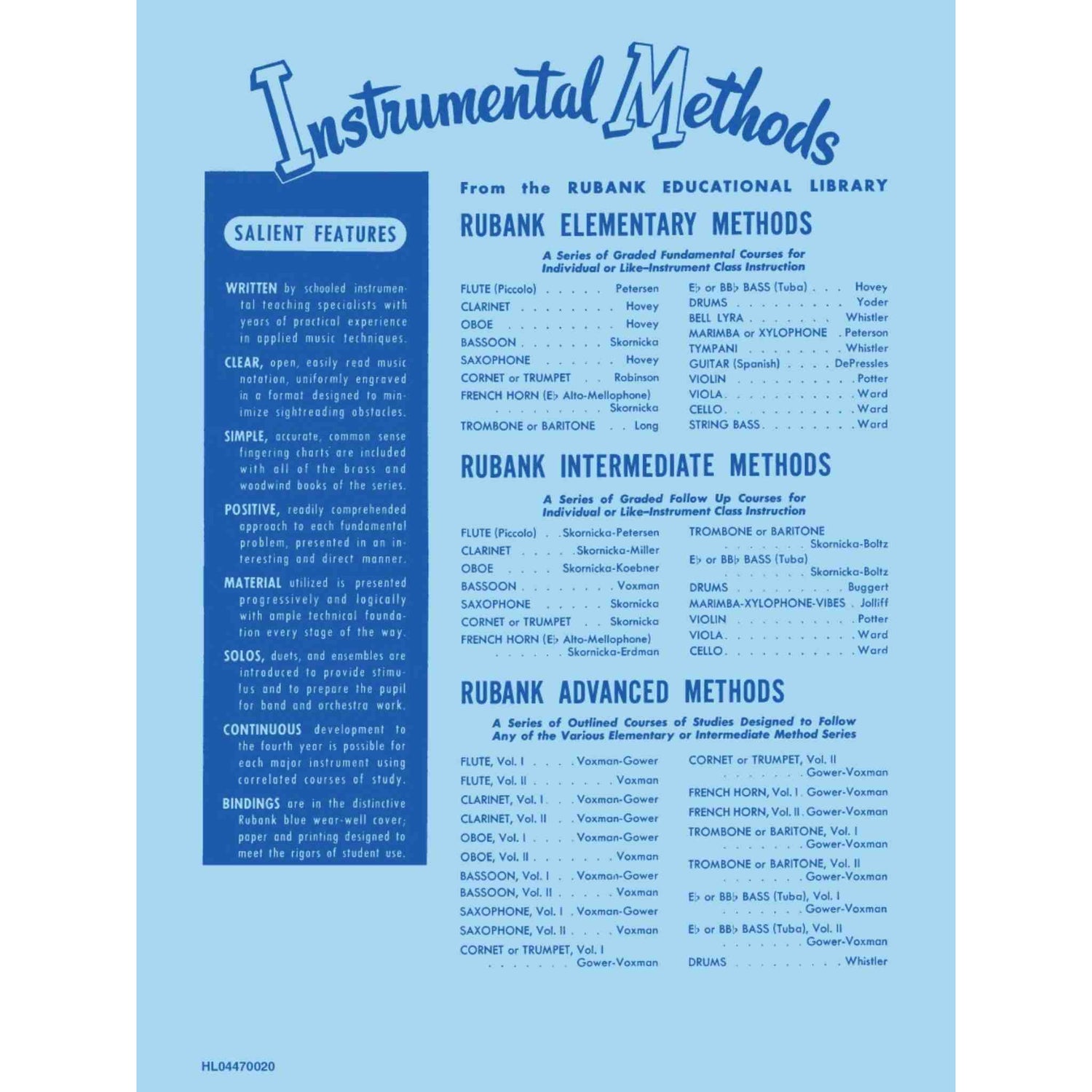 Blue and white sheet music cover for Rubank Educational Library with text about instrumental methods.