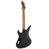 The back of a Schecter Avenger Standard Electric Guitar. Back body is dark grey  with a wooden neck on a white background