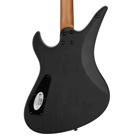 Close-up of the back body of a Schecter Avenger Standard Electric Guitar. Color is a dark gray  with a wooden neck on a white background