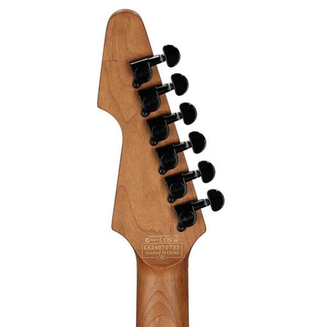 Close-up of the back of a guitar headstock with black tuning pegs on a white background