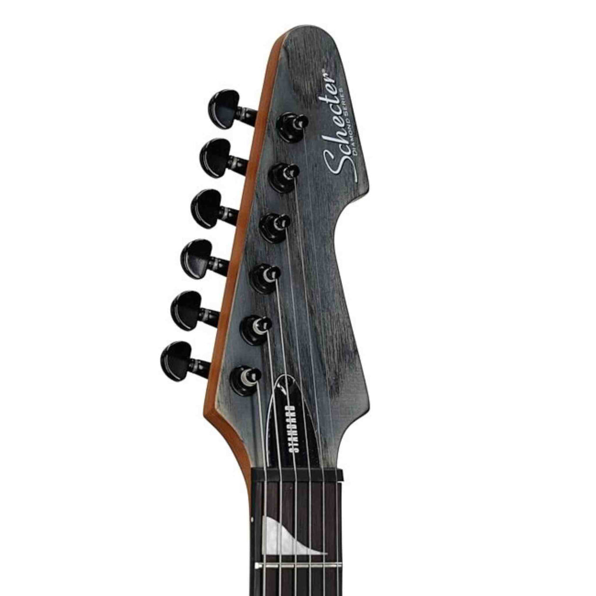 Guitar headstock with 'Schecter' branding on a white background
