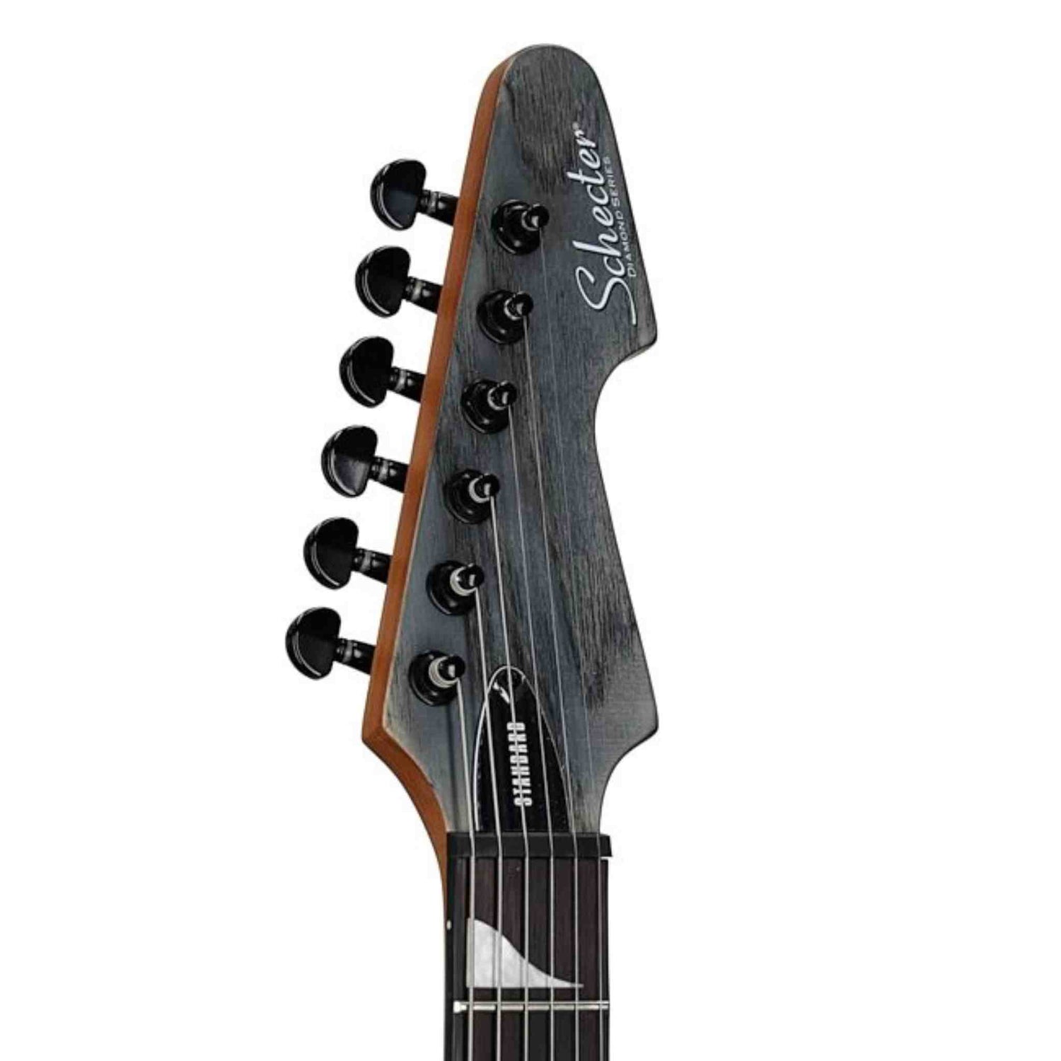 Guitar headstock with 'Schecter' branding on a white background